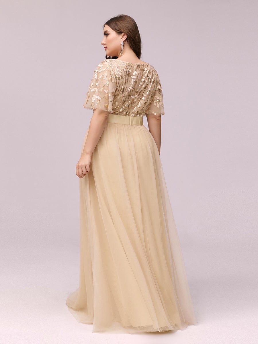 Plus Size Sequined Tulle Maxi Dress with Satin Waist Accent #color_Gold