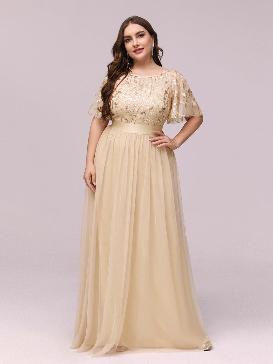 Plus Size Sequined Tulle Maxi Dress with Satin Waist Accent #color_Gold