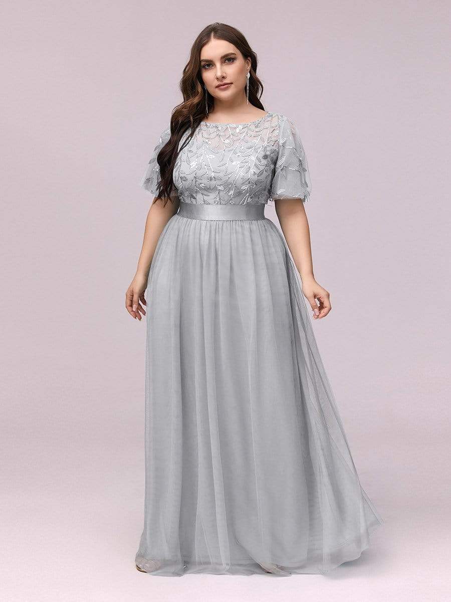 Plus Size Sequined Tulle Maxi Dress with Satin Waist Accent #color_Grey