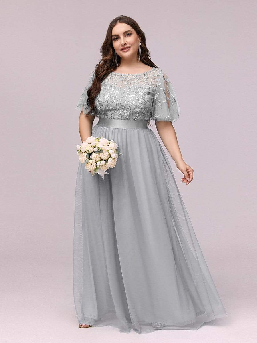 Plus Size Sequined Tulle Maxi Dress with Satin Waist Accent #color_Grey