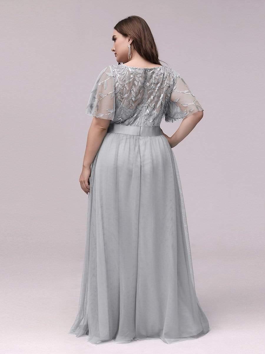 Plus Size Sequined Tulle Maxi Dress with Satin Waist Accent #color_Grey