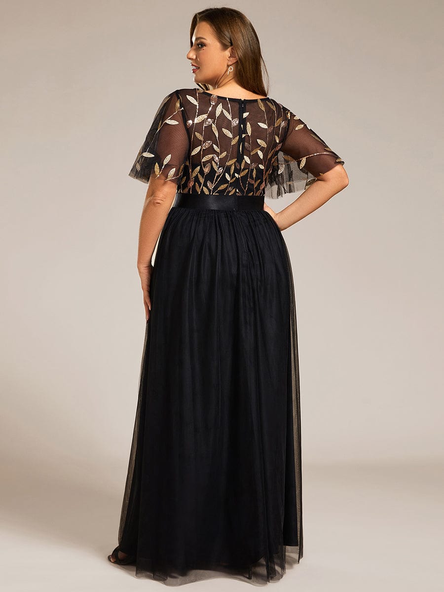 Plus Size Sequined Tulle Maxi Dress with Satin Waist Accent #color_Black & Gold