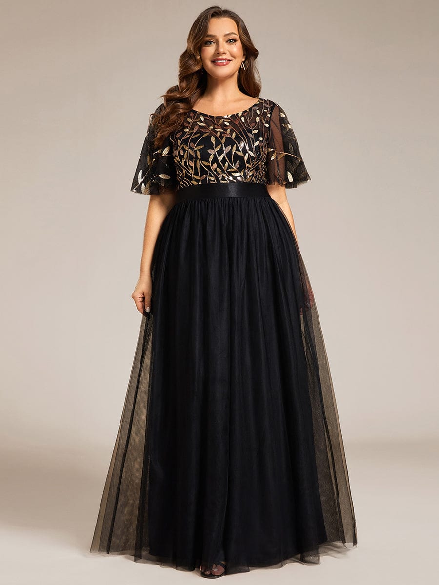 Plus Size Sequined Tulle Maxi Dress with Satin Waist Accent #color_Black & Gold