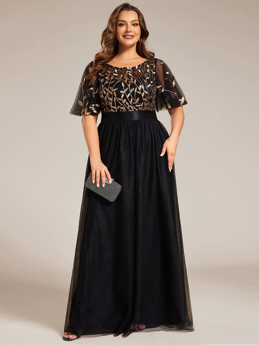 Plus Size Sequined Tulle Maxi Dress with Satin Waist Accent #color_Black & Gold