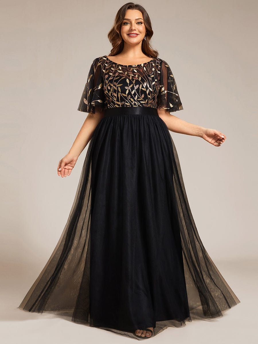 Plus Size Sequined Tulle Maxi Dress with Satin Waist Accent #color_Black & Gold