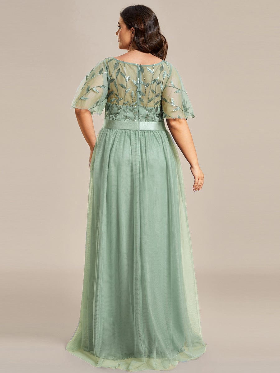 Plus Size Sequined Tulle Maxi Dress with Satin Waist Accent #color_Sage Green