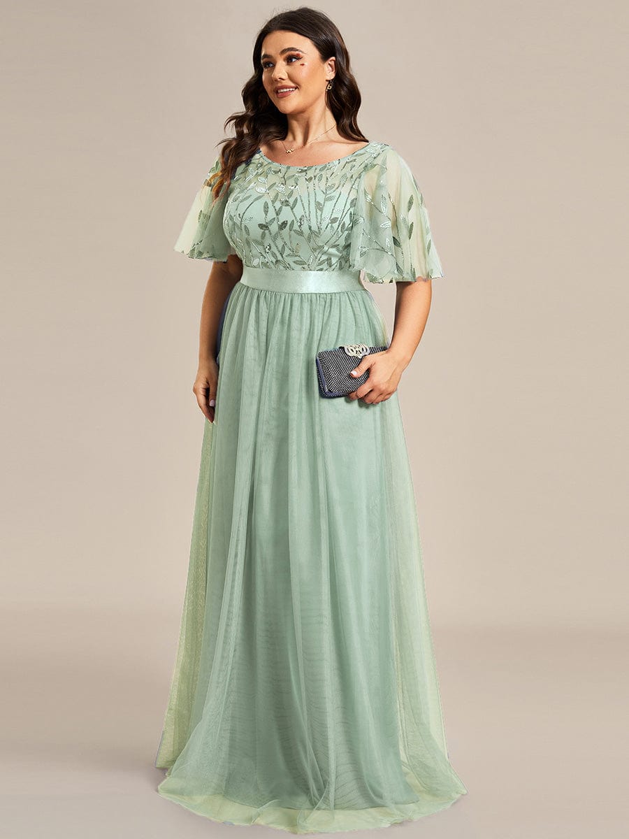 Plus Size Sequined Tulle Maxi Dress with Satin Waist Accent #color_Sage Green