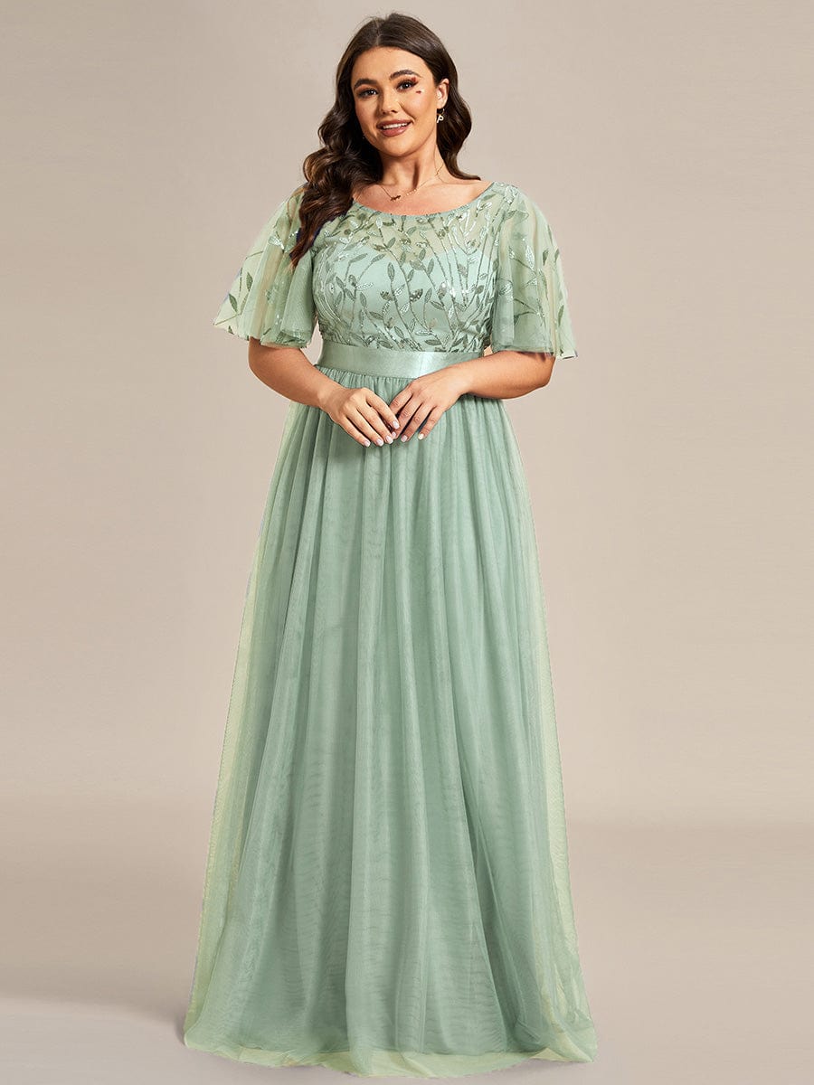 Plus Size Sequined Tulle Maxi Dress with Satin Waist Accent #color_Sage Green