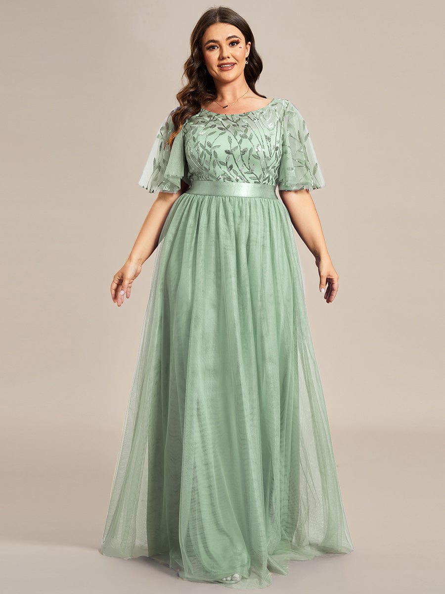 Plus Size Sequined Tulle Maxi Dress with Satin Waist Accent #color_Sage Green