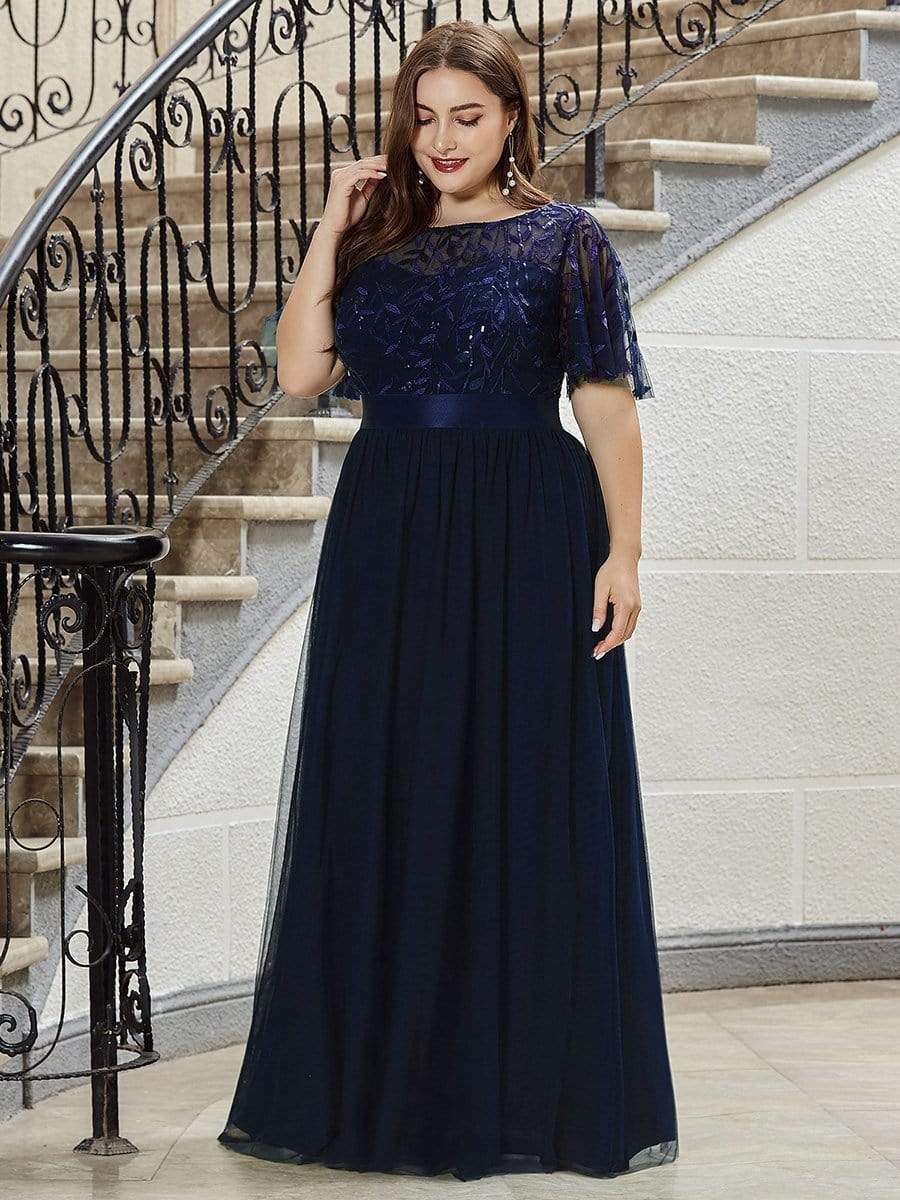 Plus Size Sequined Tulle Maxi Dress with Satin Waist Accent #color_Navy Blue