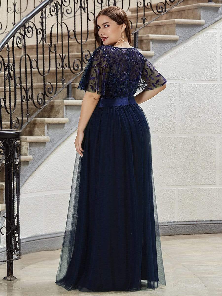 Plus Size Sequined Tulle Maxi Dress with Satin Waist Accent #color_Navy Blue