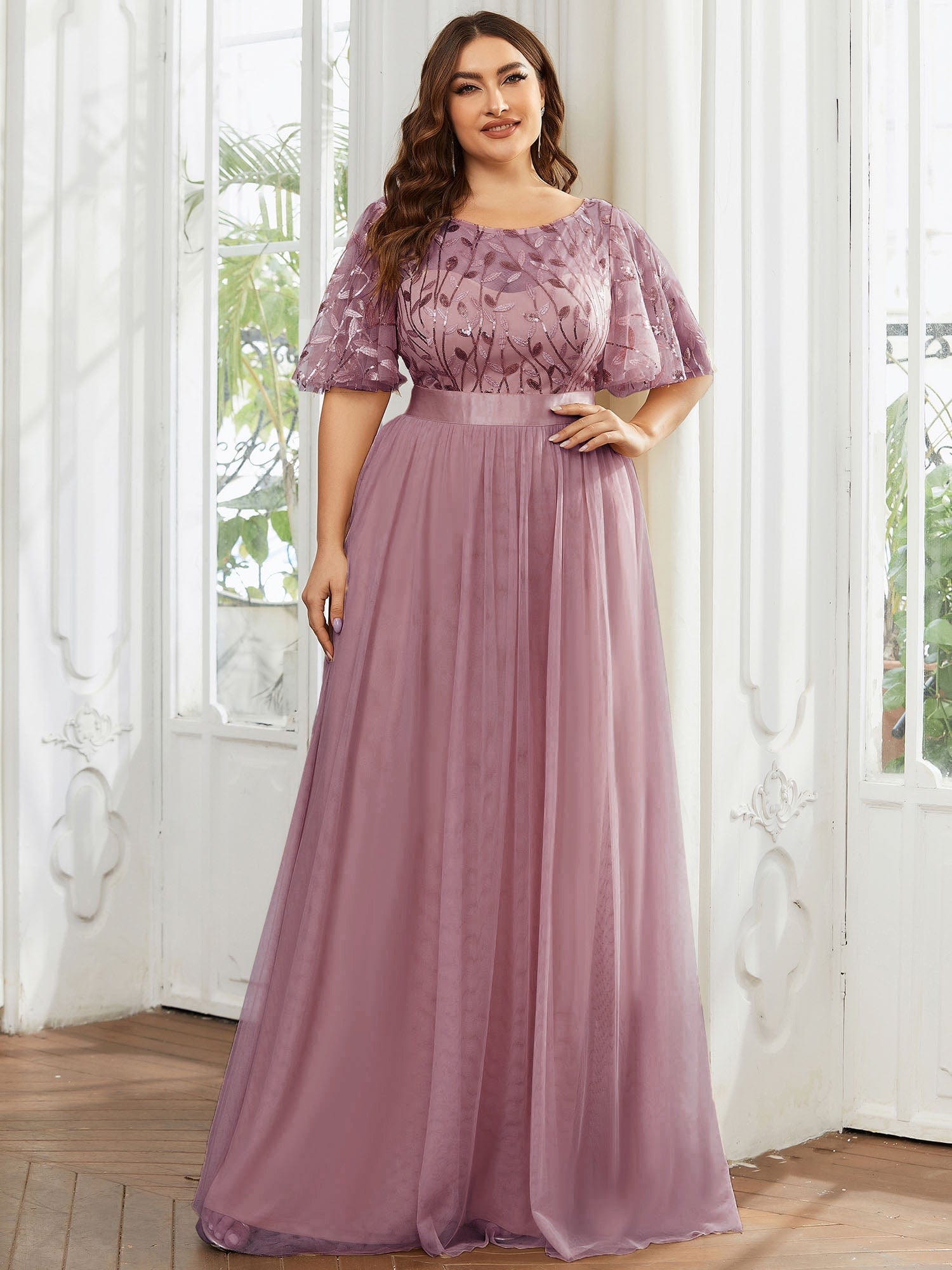 Plus Size Sequined Tulle Maxi Dress with Satin Waist Accent #color_Purple Orchid