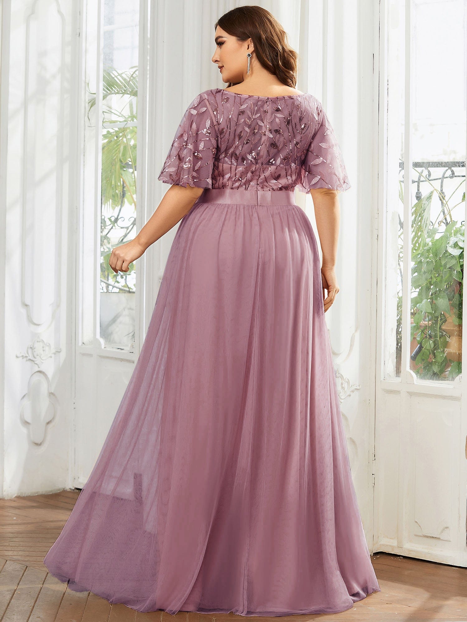 Plus Size Sequined Tulle Maxi Dress with Satin Waist Accent #color_Purple Orchid