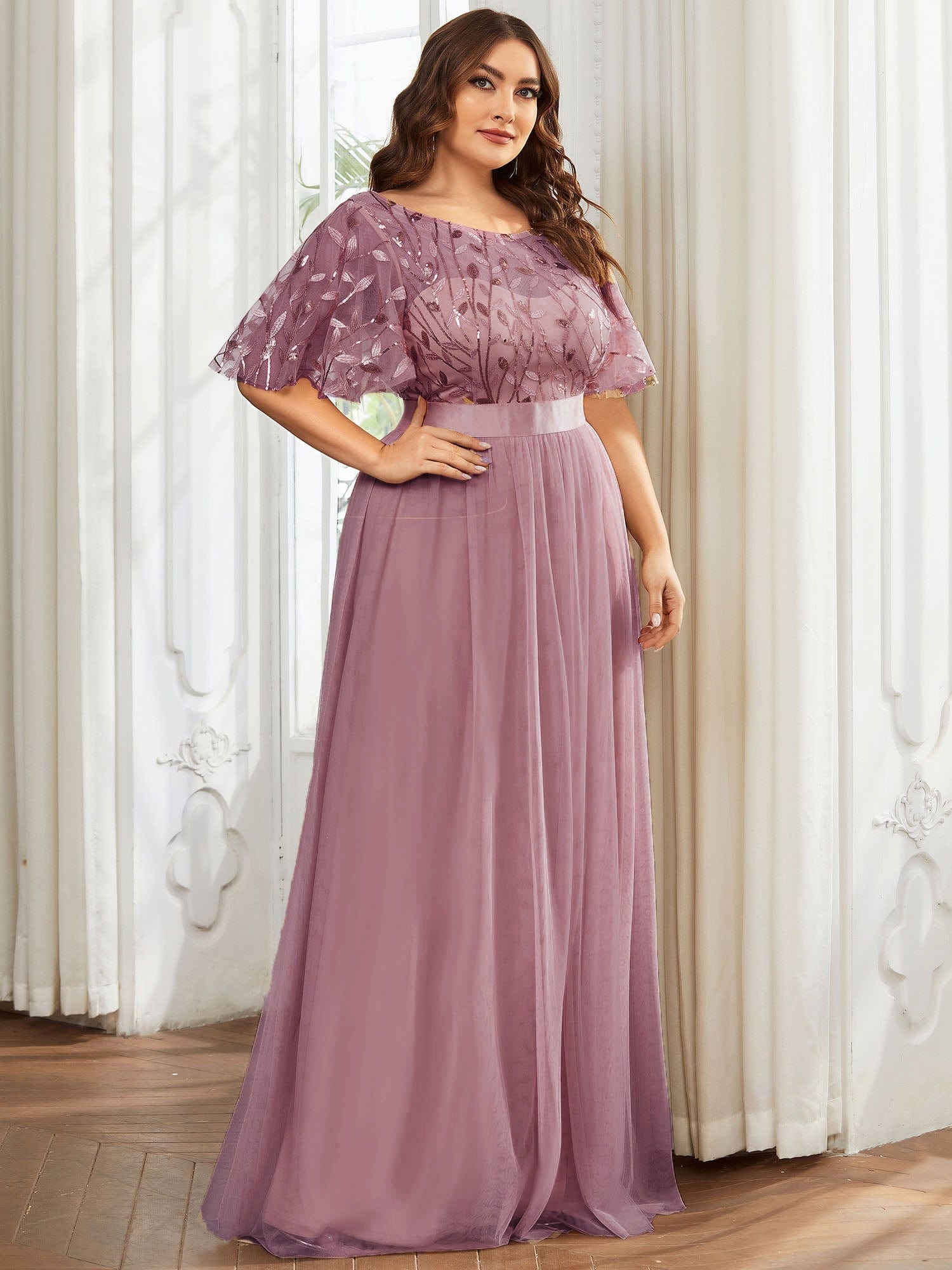 Plus Size Sequined Tulle Maxi Dress with Satin Waist Accent #color_Purple Orchid