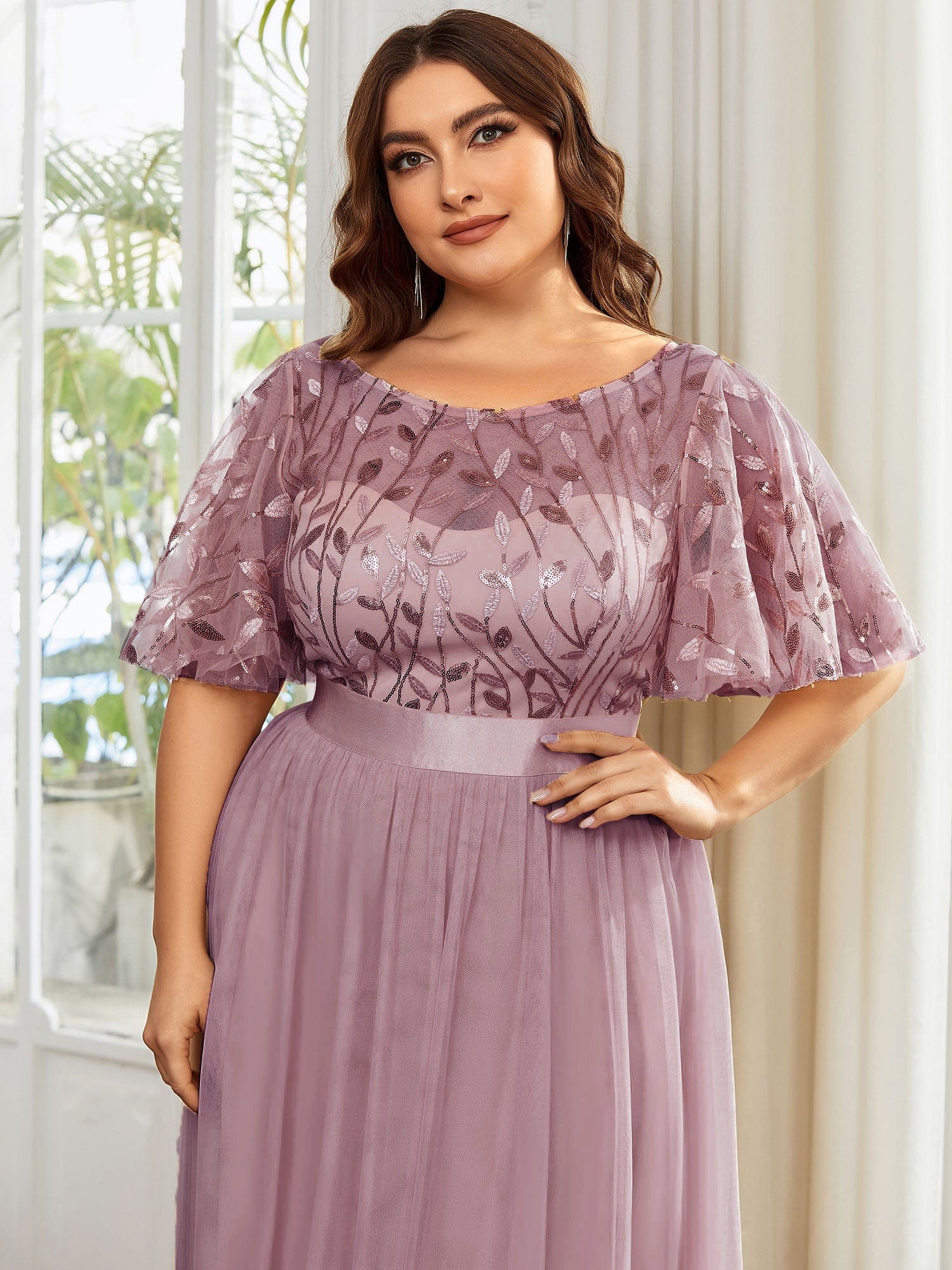 Plus Size Sequined Tulle Maxi Dress with Satin Waist Accent #color_Purple Orchid