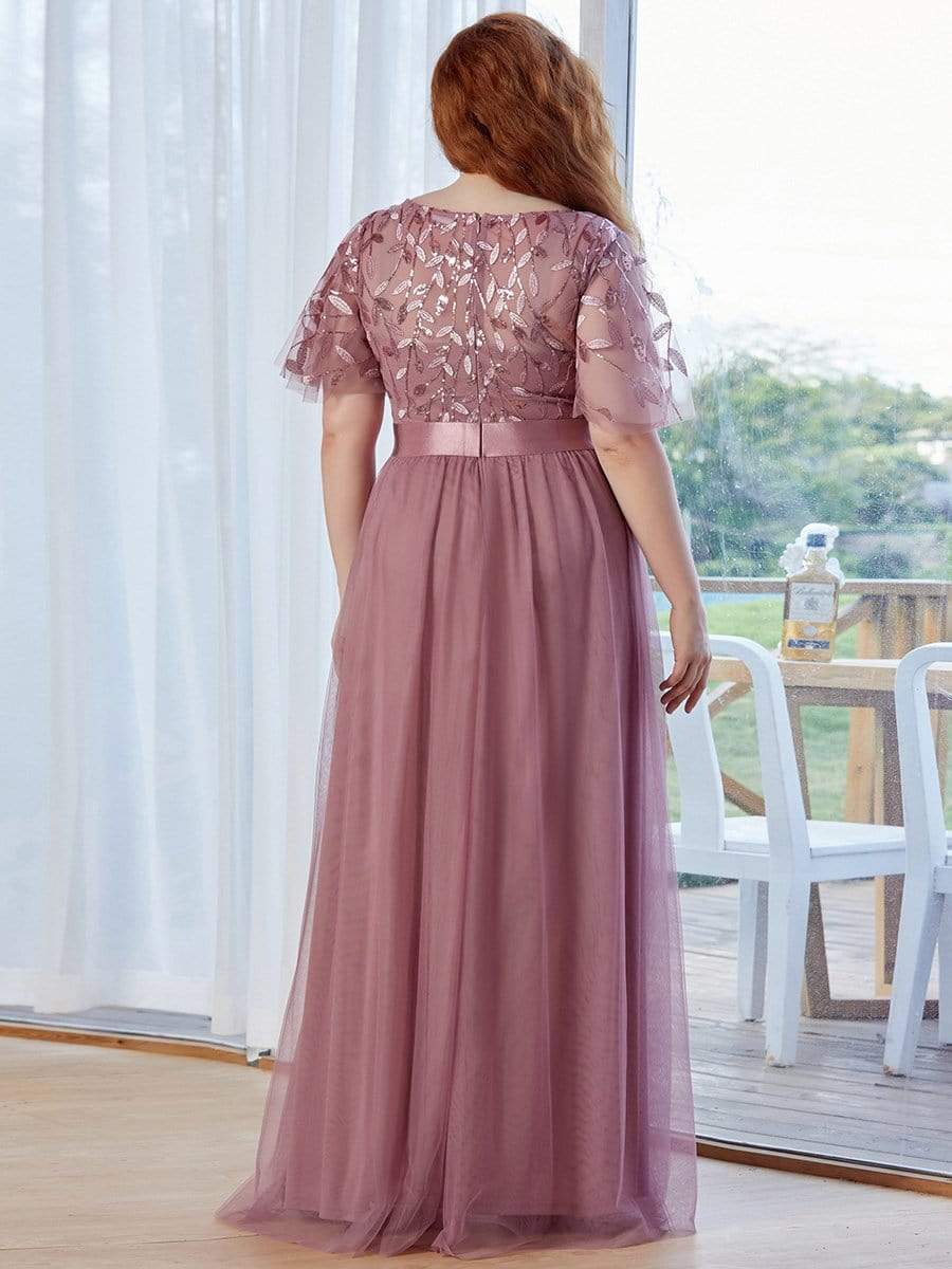 Plus Size Sequined Tulle Maxi Dress with Satin Waist Accent #color_Purple Orchid