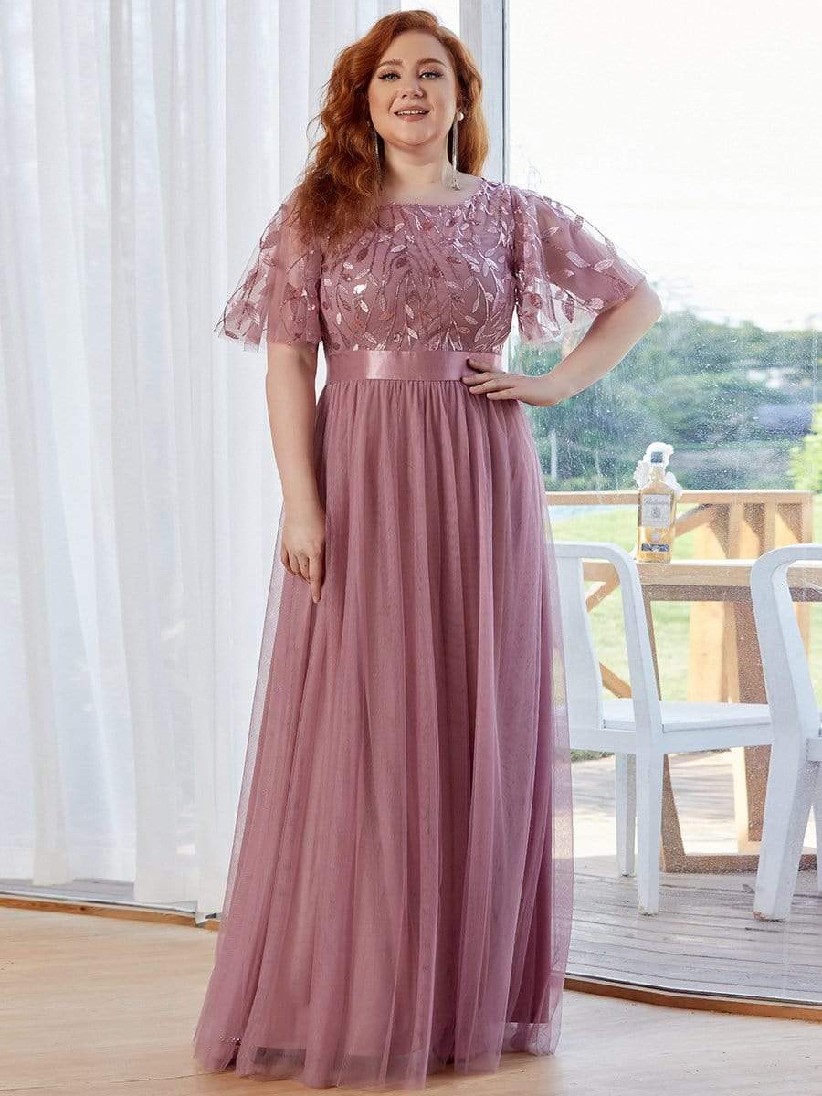 Plus Size Sequined Tulle Maxi Dress with Satin Waist Accent #color_Purple Orchid