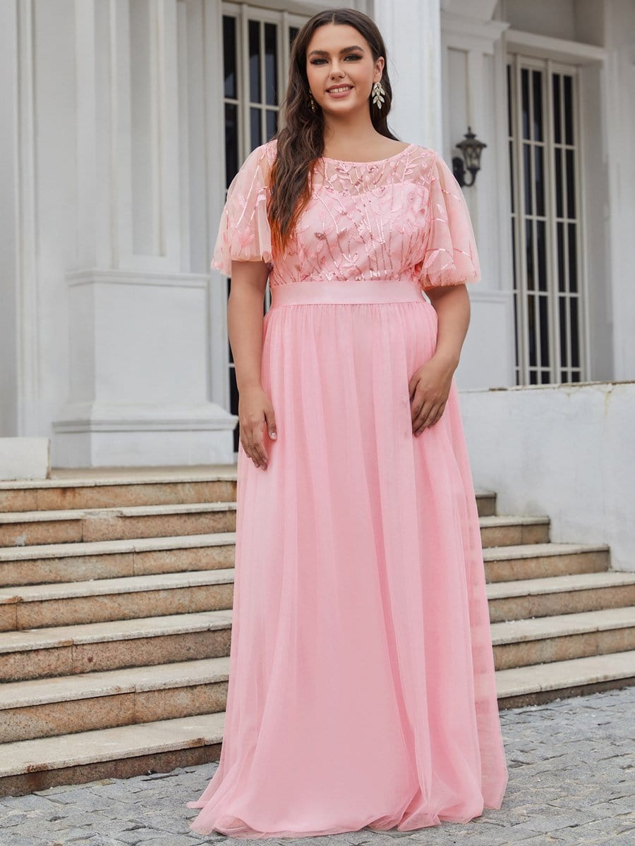 Plus Size Sequined Tulle Maxi Dress with Satin Waist Accent #color_Pink