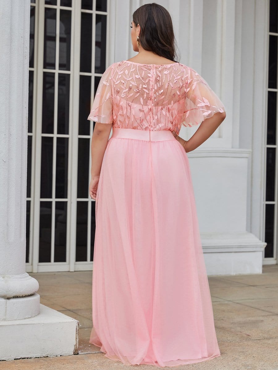 Plus Size Sequined Tulle Maxi Dress with Satin Waist Accent #color_Pink