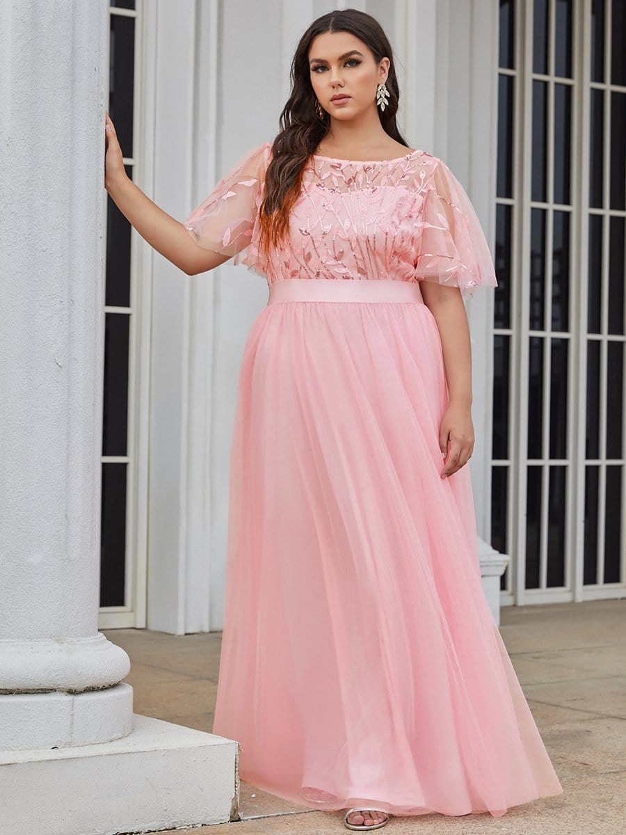 Plus Size Sequined Tulle Maxi Dress with Satin Waist Accent #color_Pink