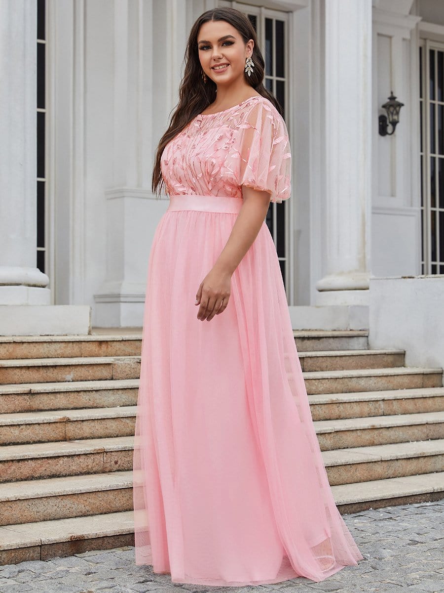 Plus Size Sequined Tulle Maxi Dress with Satin Waist Accent #color_Pink