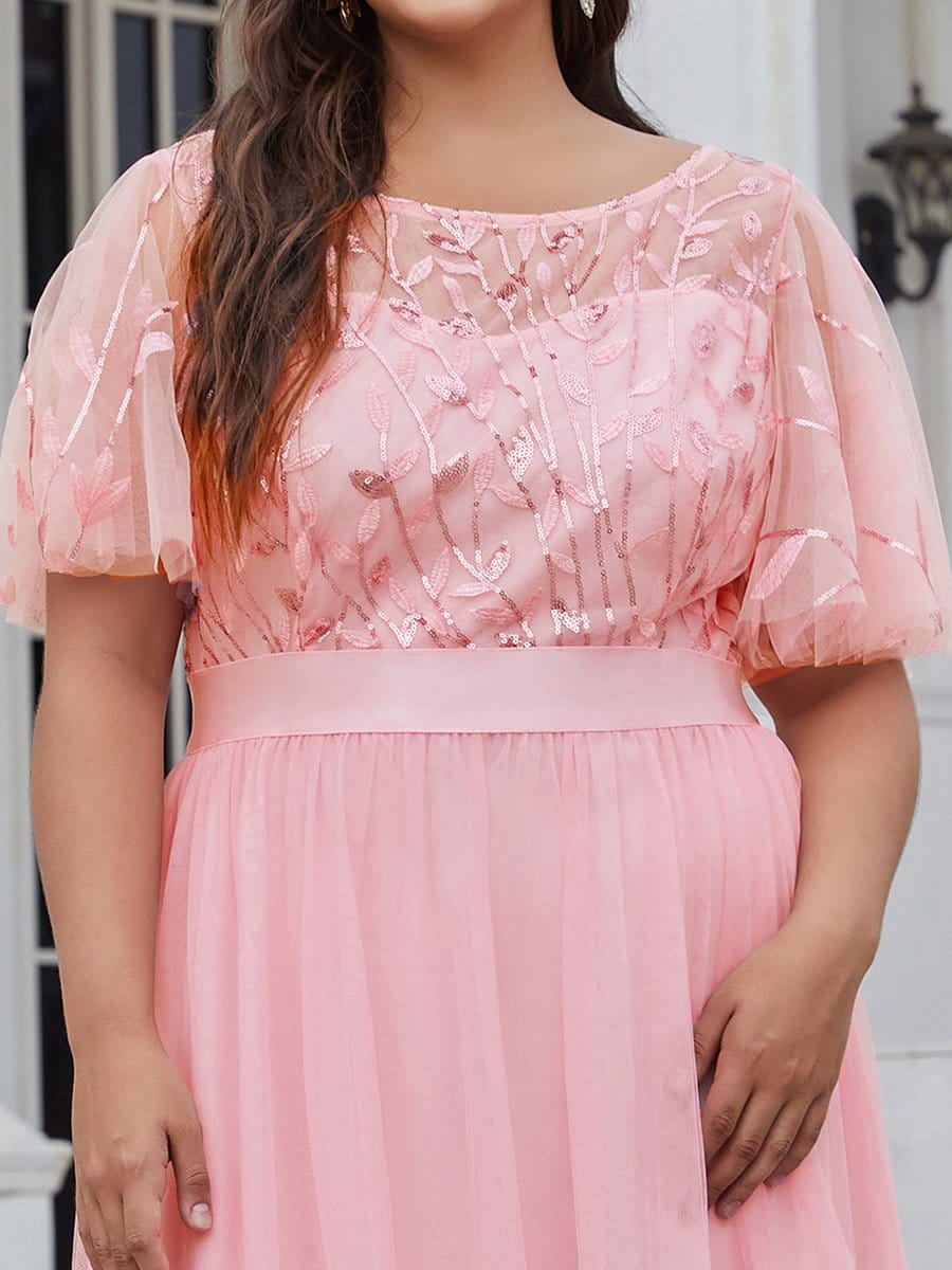 Plus Size Sequined Tulle Maxi Dress with Satin Waist Accent #color_Pink