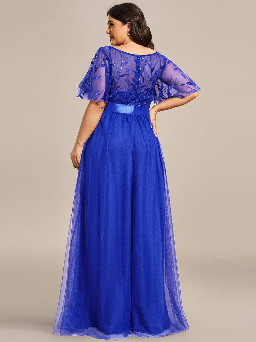 Plus Size Sequined Tulle Maxi Dress with Satin Waist Accent #color_Sapphire Blue