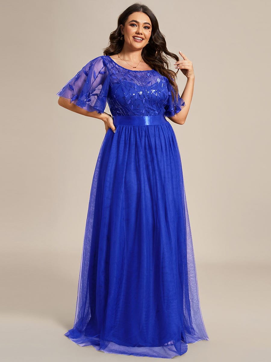 Plus Size Sequined Tulle Maxi Dress with Satin Waist Accent #color_Sapphire Blue