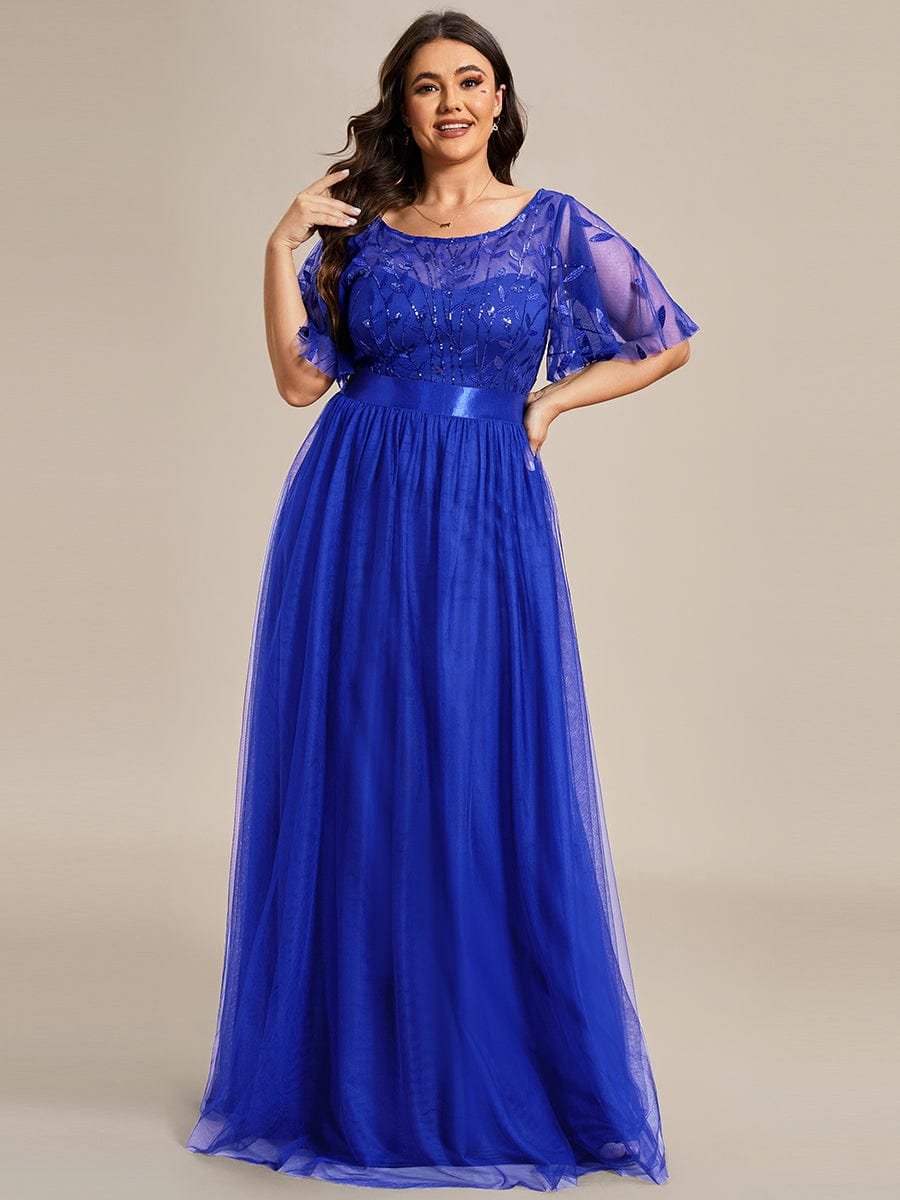 Plus Size Sequined Tulle Maxi Dress with Satin Waist Accent #color_Sapphire Blue