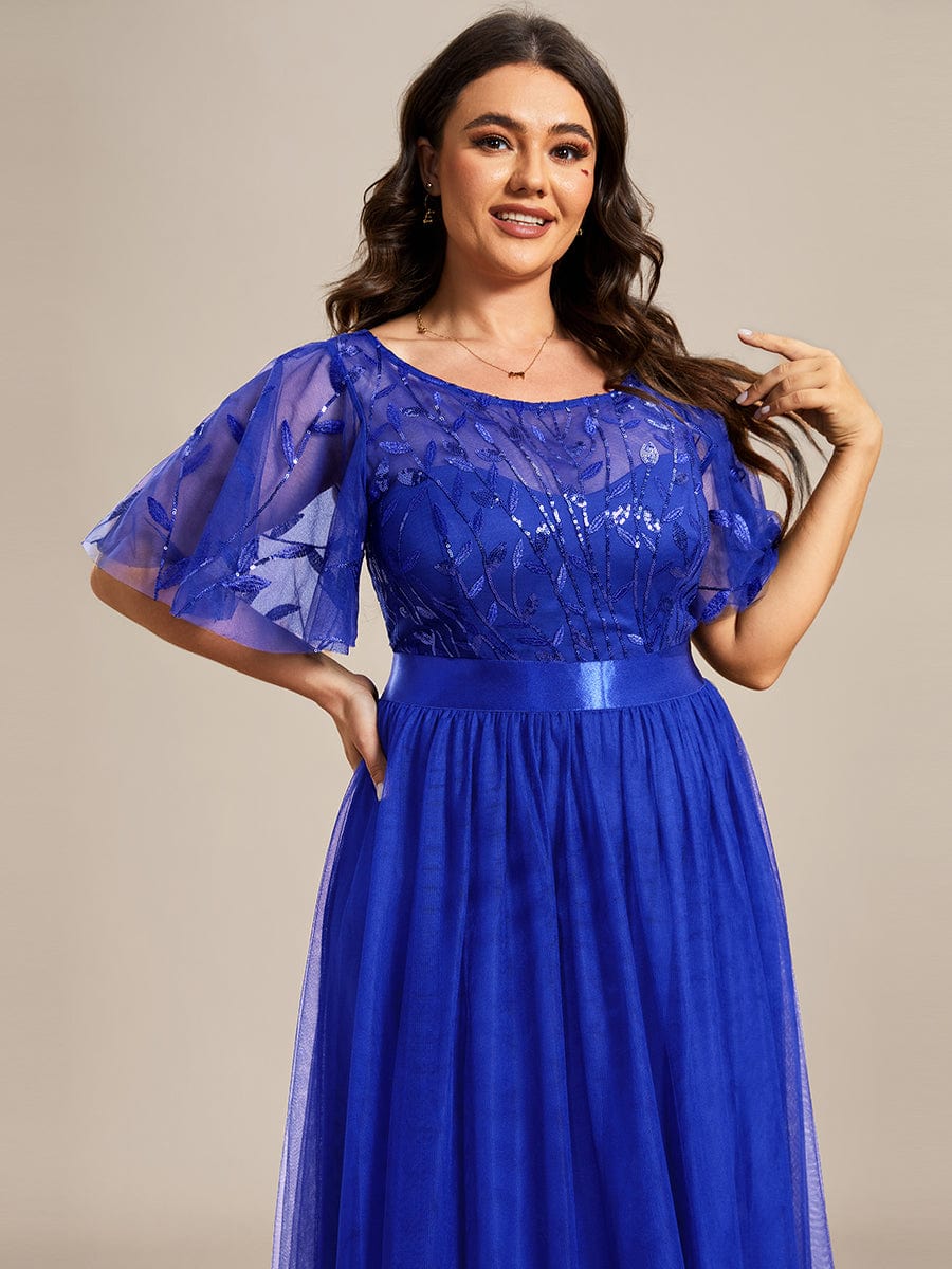 Plus Size Sequined Tulle Maxi Dress with Satin Waist Accent #color_Sapphire Blue