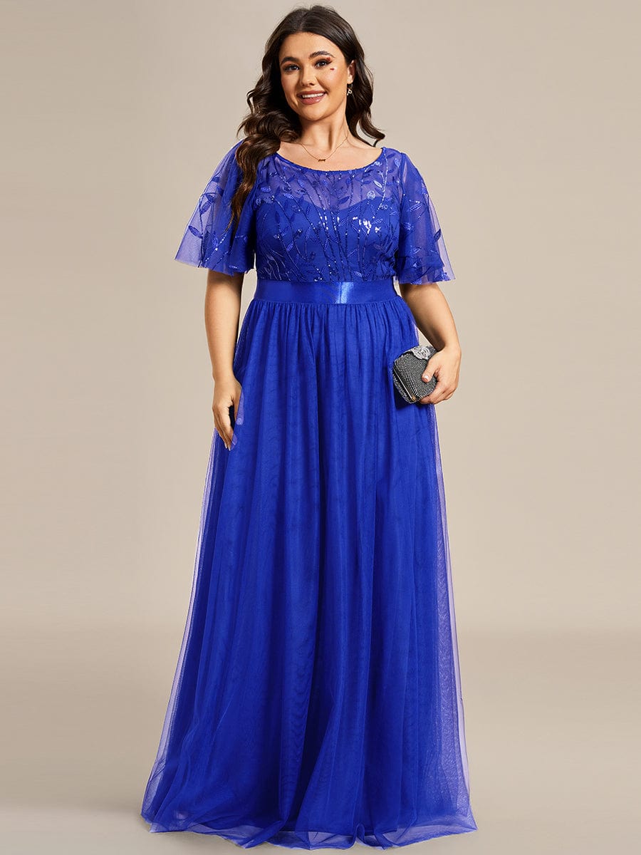 Plus Size Sequined Tulle Maxi Dress with Satin Waist Accent #color_Sapphire Blue