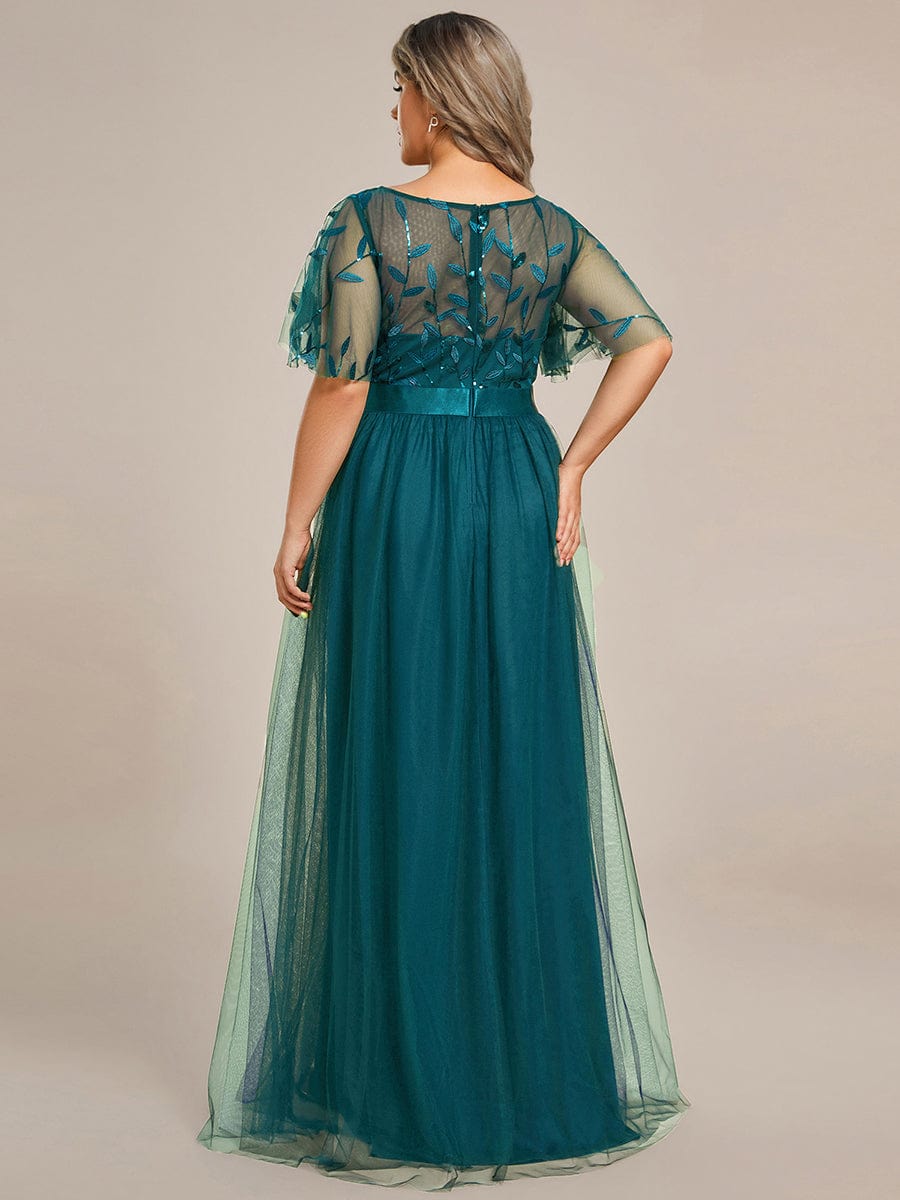 Plus Size Sequined Tulle Maxi Dress with Satin Waist Accent #color_Teal