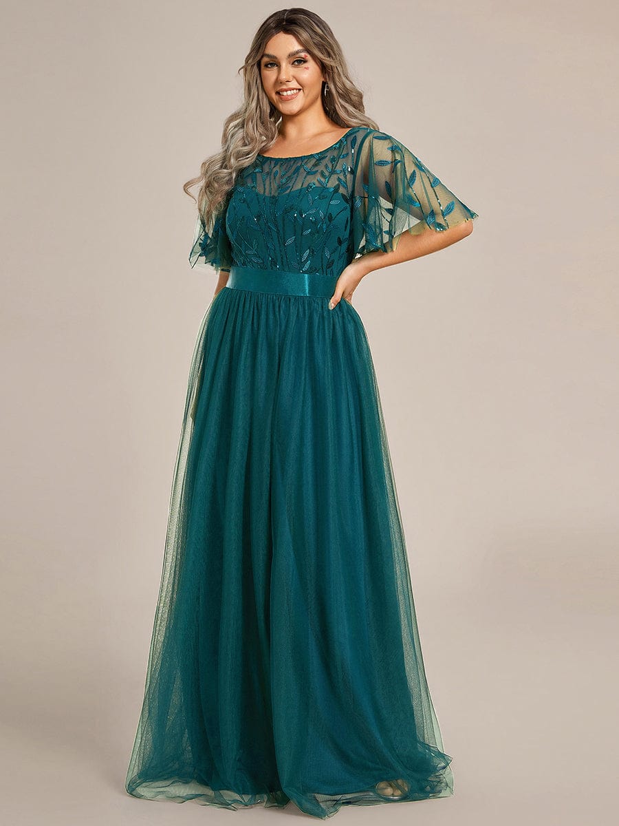 Plus Size Sequined Tulle Maxi Dress with Satin Waist Accent #color_Teal