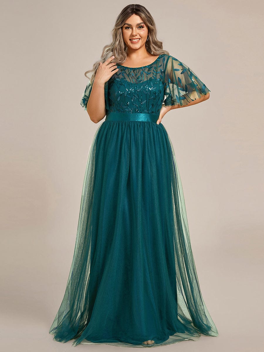 Plus Size Sequined Tulle Maxi Dress with Satin Waist Accent #color_Teal