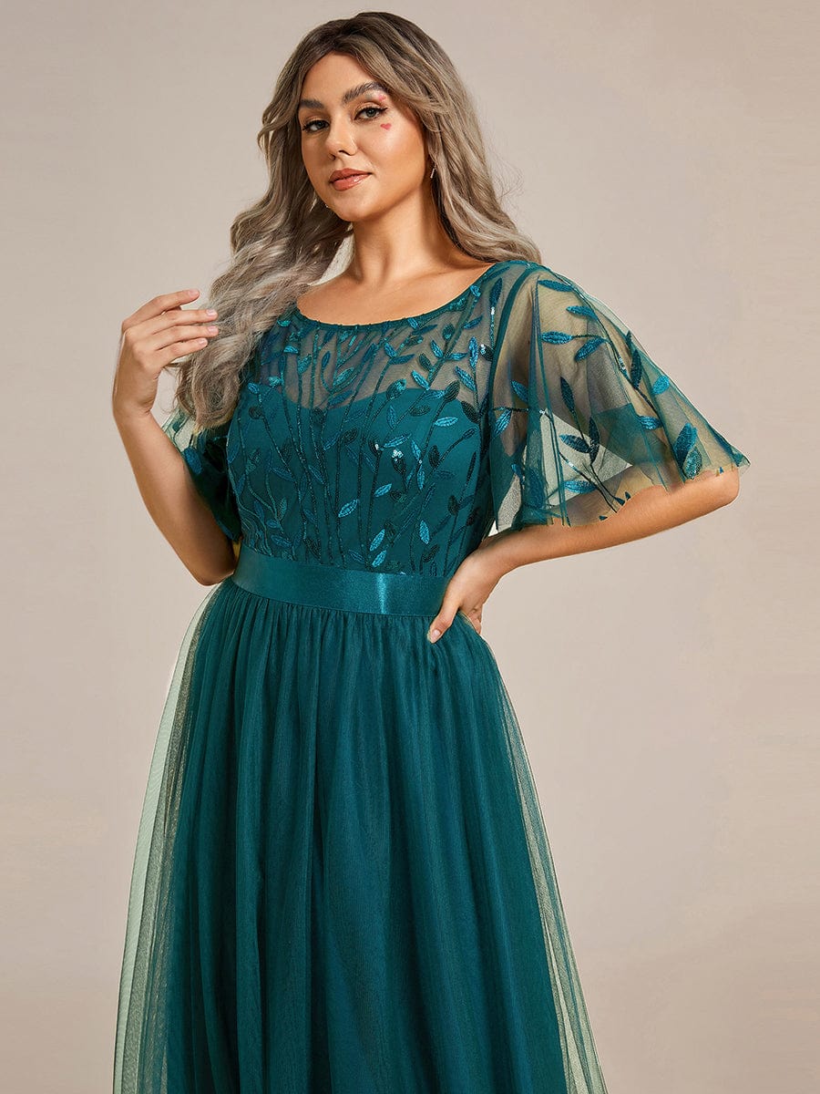 Plus Size Sequined Tulle Maxi Dress with Satin Waist Accent #color_Teal