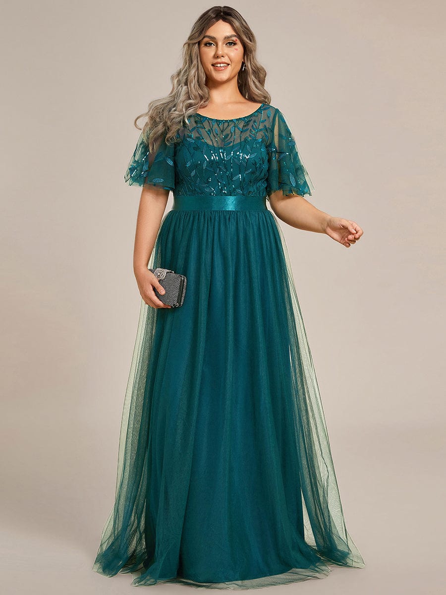 Plus Size Sequined Tulle Maxi Dress with Satin Waist Accent #color_Teal