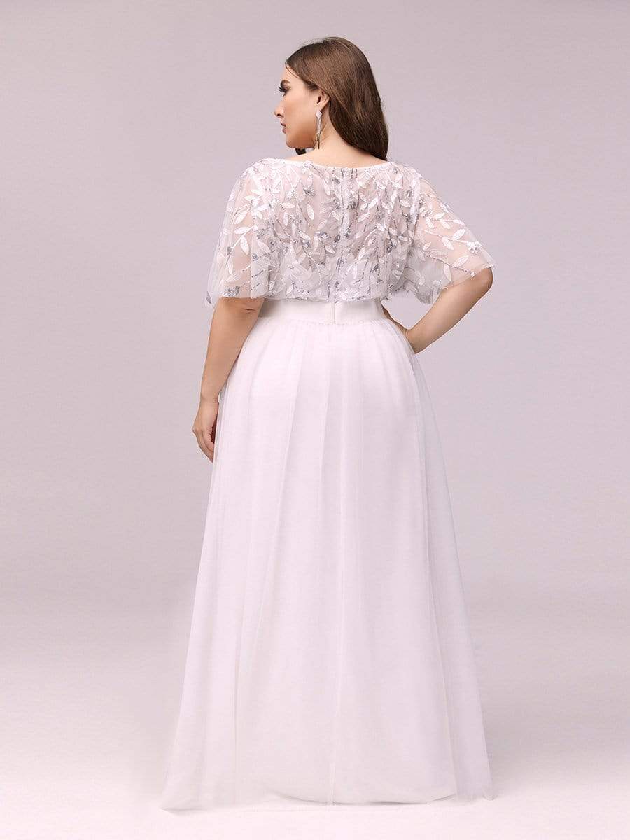 Plus Size Sequined Tulle Maxi Dress with Satin Waist Accent #color_White