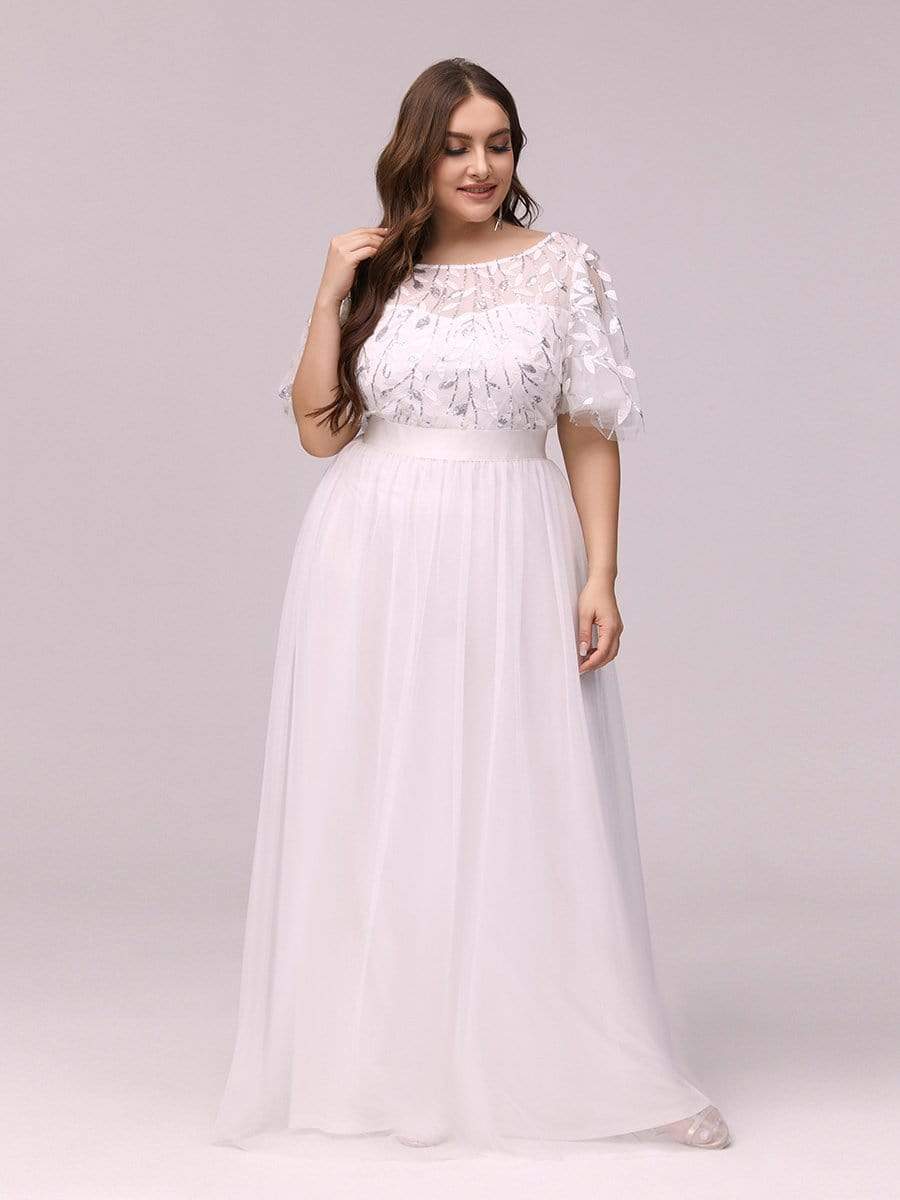 Plus Size Sequined Tulle Maxi Dress with Satin Waist Accent #color_White