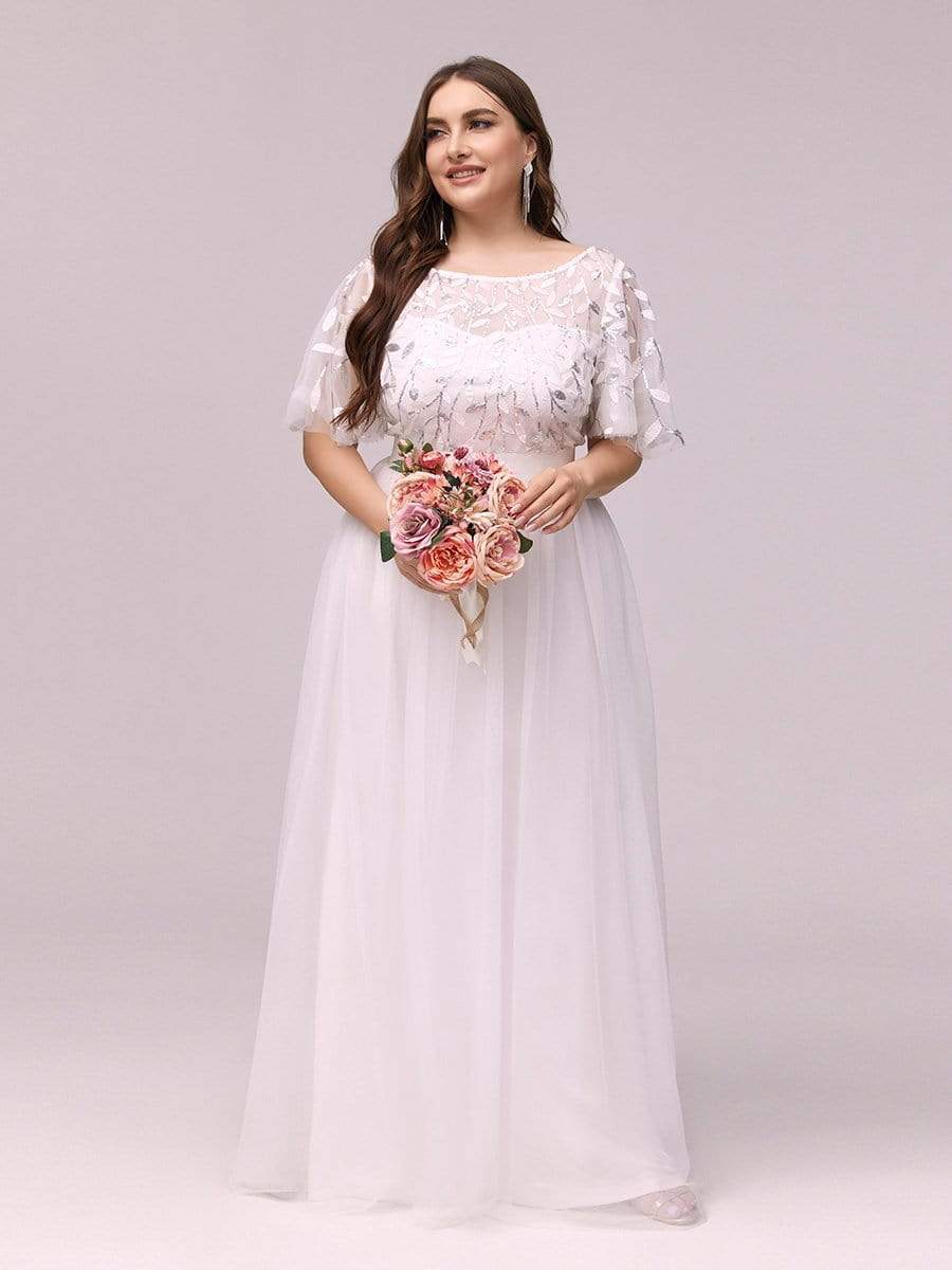 Plus Size Sequined Tulle Maxi Dress with Satin Waist Accent #color_White