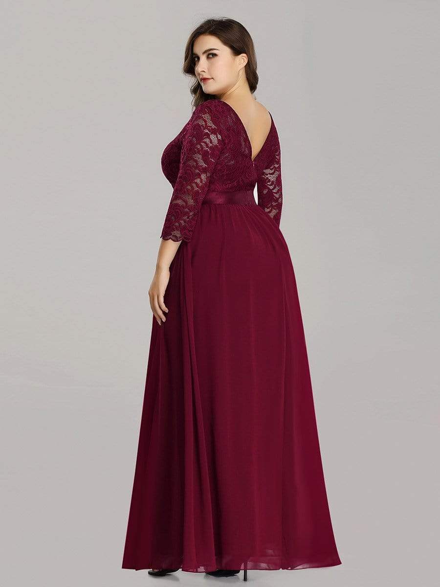 Plus Size 3/4 Sleeve Lace Dress #color_Burgundy