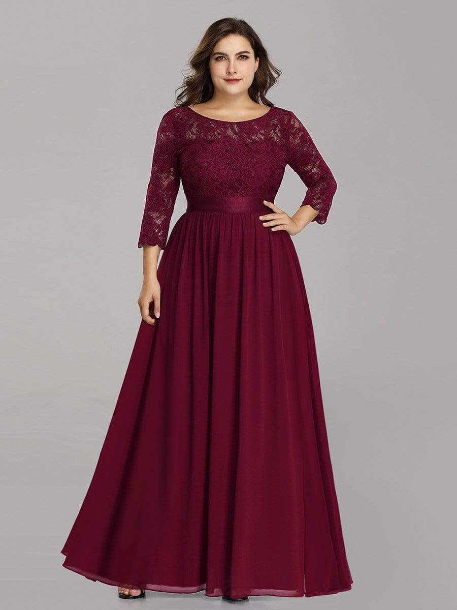 Plus Size 3/4 Sleeve Lace Dress #color_Burgundy