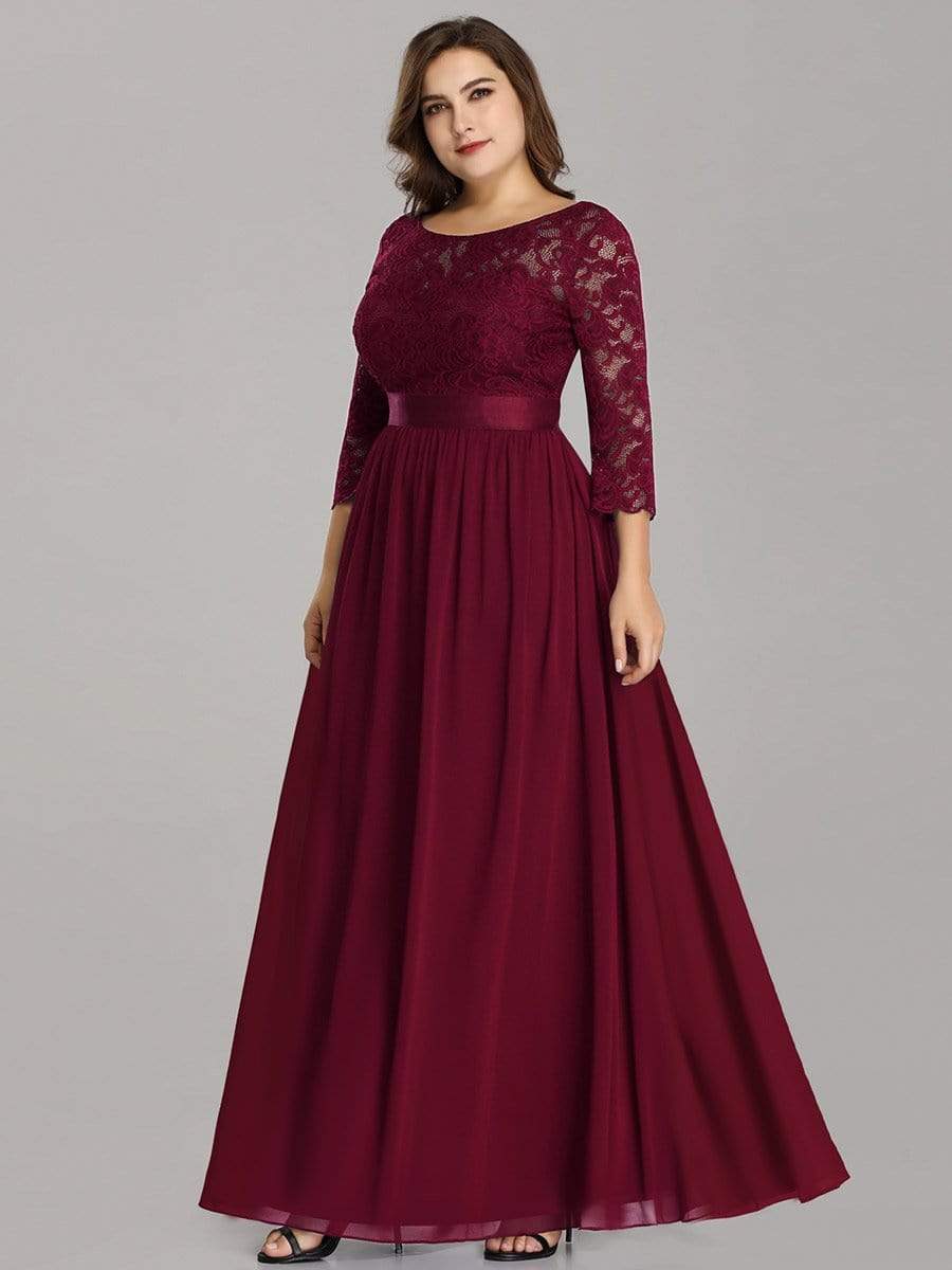 Plus Size 3/4 Sleeve Lace Dress #color_Burgundy