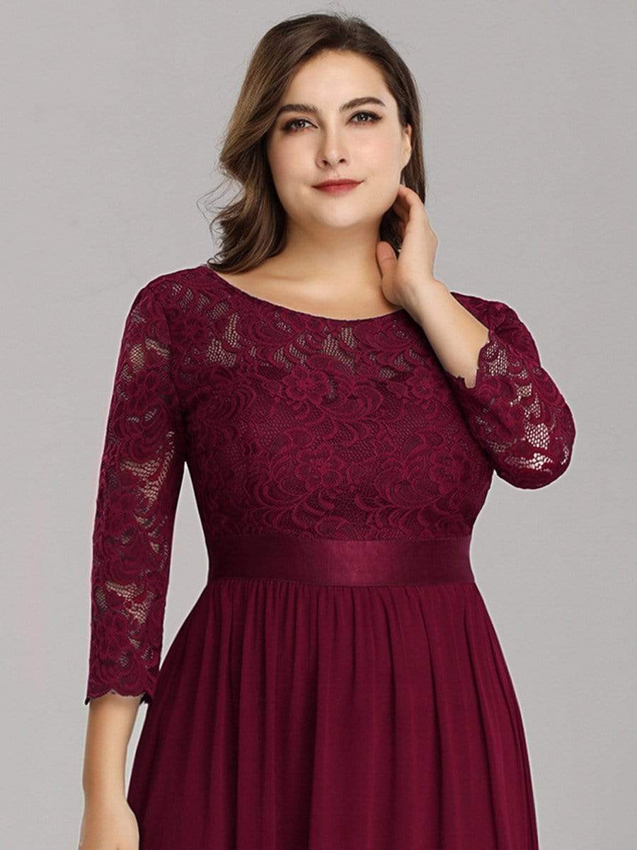 Plus Size 3/4 Sleeve Lace Dress #color_Burgundy