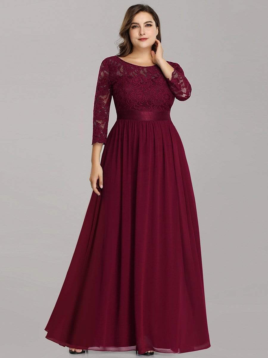 Plus Size 3/4 Sleeve Lace Dress #color_Burgundy