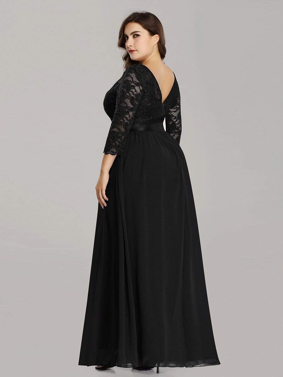 Plus Size 3/4 Sleeve Lace Dress #color_Black