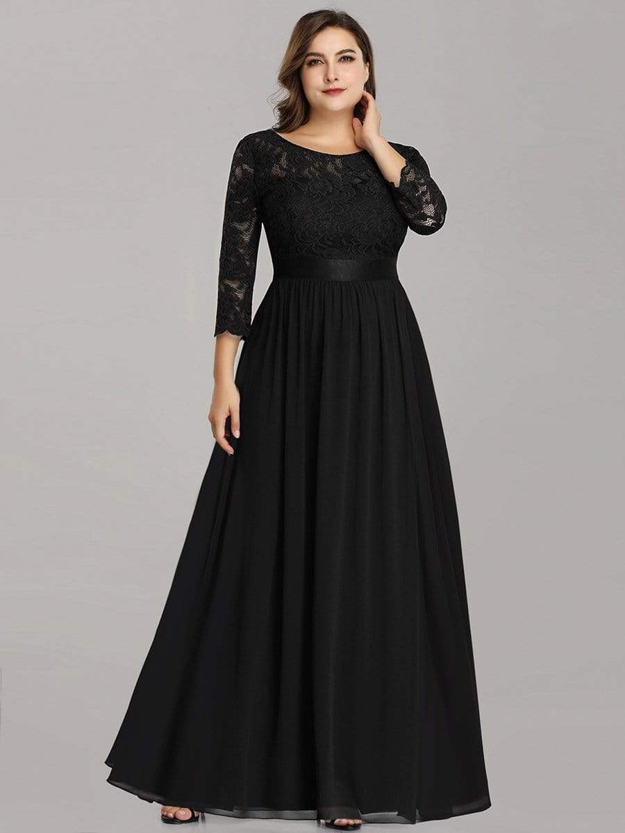 Plus Size 3/4 Sleeve Lace Dress #color_Black