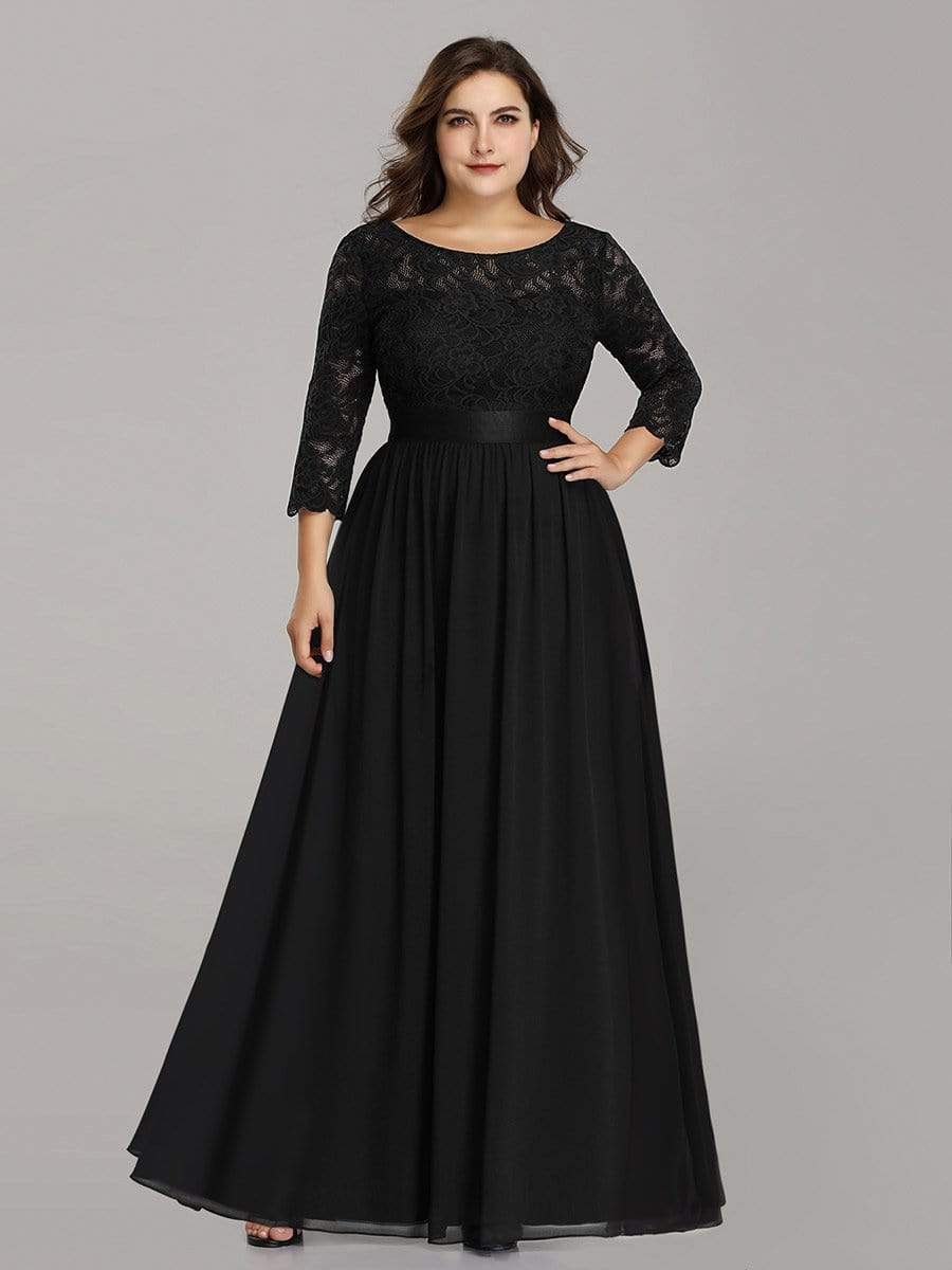 Plus Size 3/4 Sleeve Lace Dress #color_Black