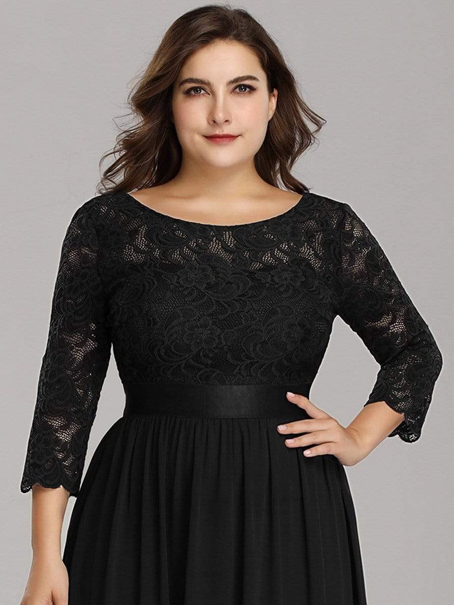 Plus Size 3/4 Sleeve Lace Dress #color_Black