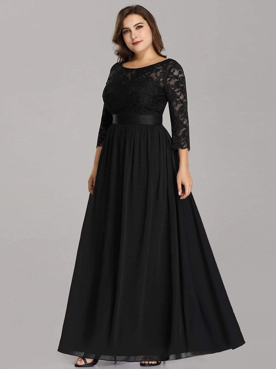 Plus Size 3/4 Sleeve Lace Dress #color_Black