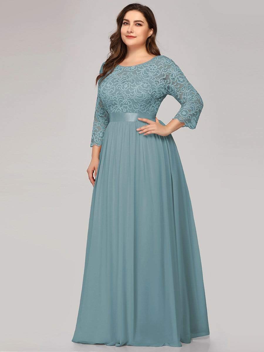 Plus Size 3/4 Sleeve Lace Dress #color_Light Teal